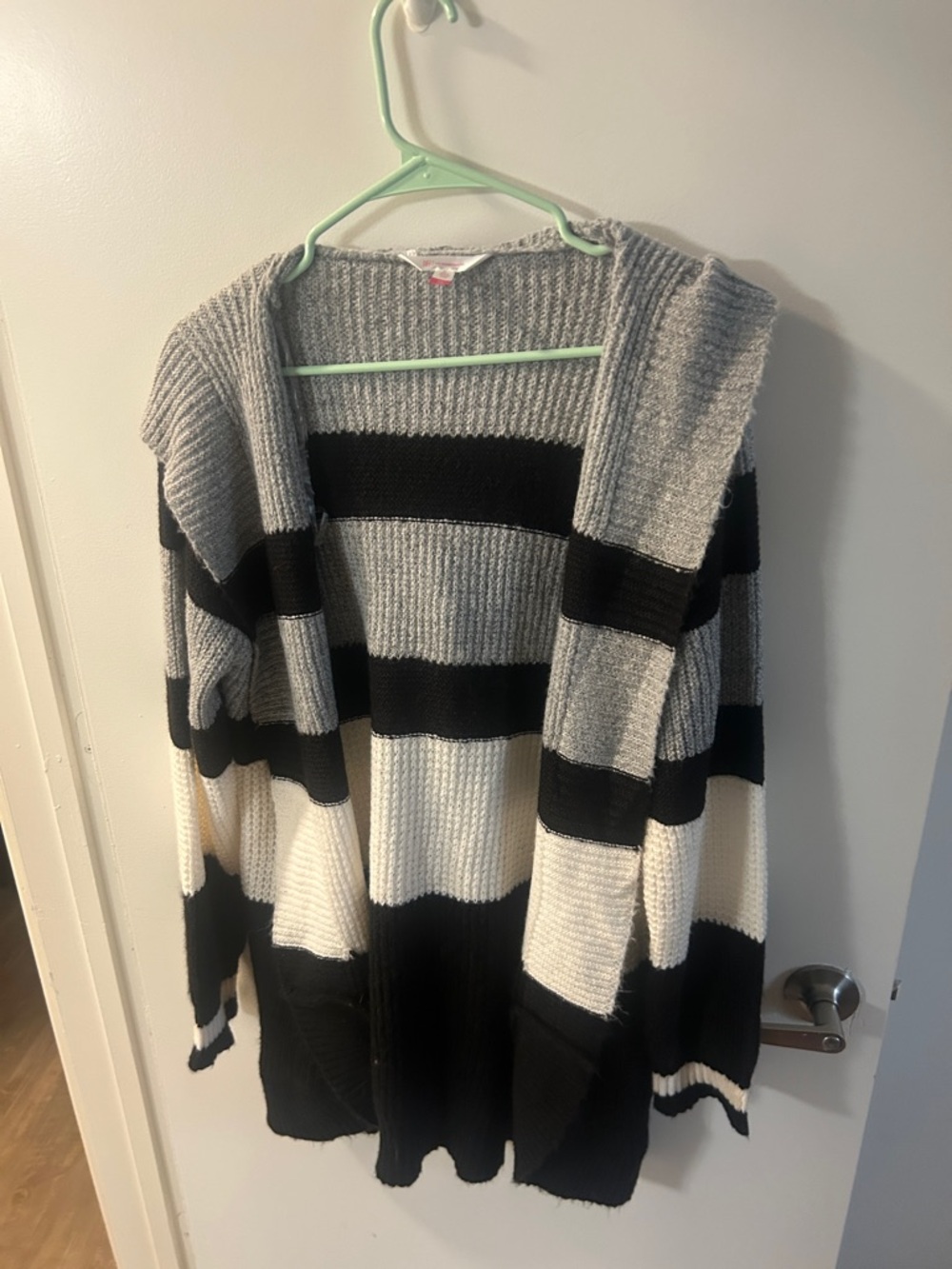 Striped Open-Front Hooded Cardigan - Black, Gray & White - Size XXL